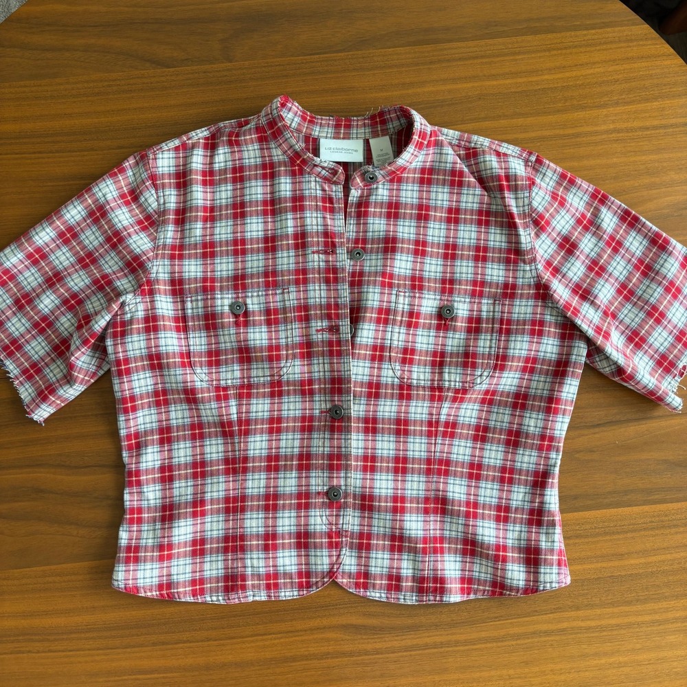 90s Vintage Liz Claiborne Top M Lizwear Cotton Plaid Western Cowgirl Grunge - Picture 6 of 15